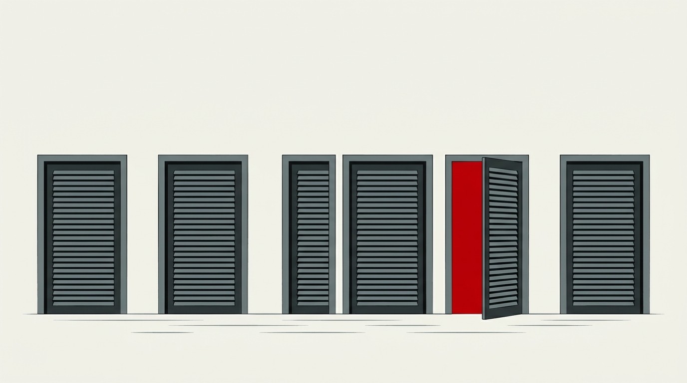 A single lit doorway opening in a row of long-shuttered cream-colored storefronts, one red door ajar
