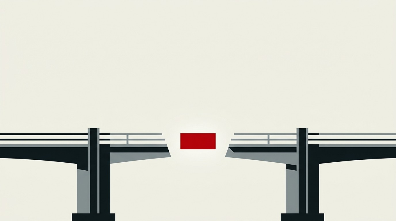 A single bridge span cracked in the middle, coins spilling from the gap onto a cream background