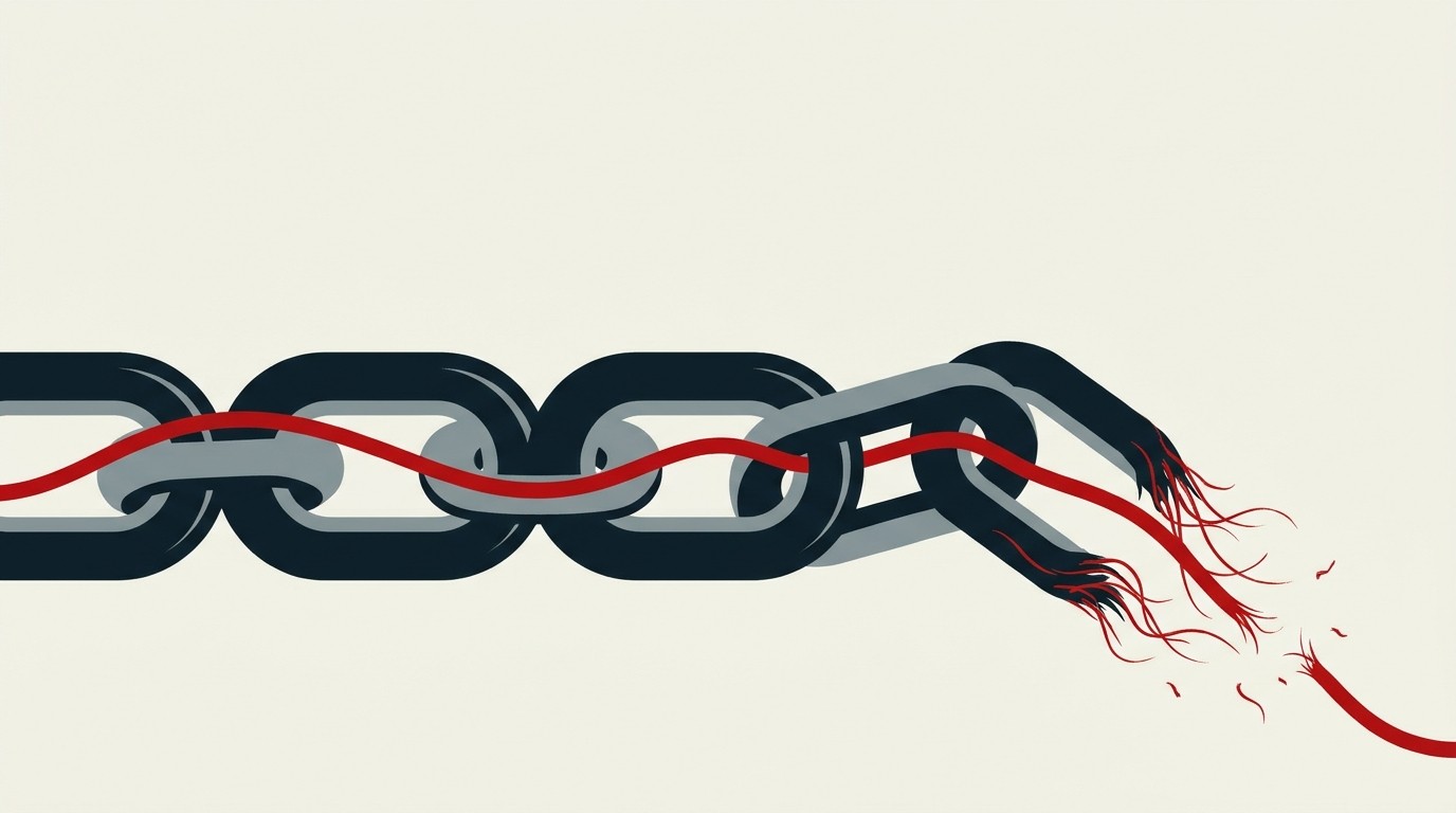 A single red thread winding through four interlocking cream-colored chain links, trailing off into empty space at top