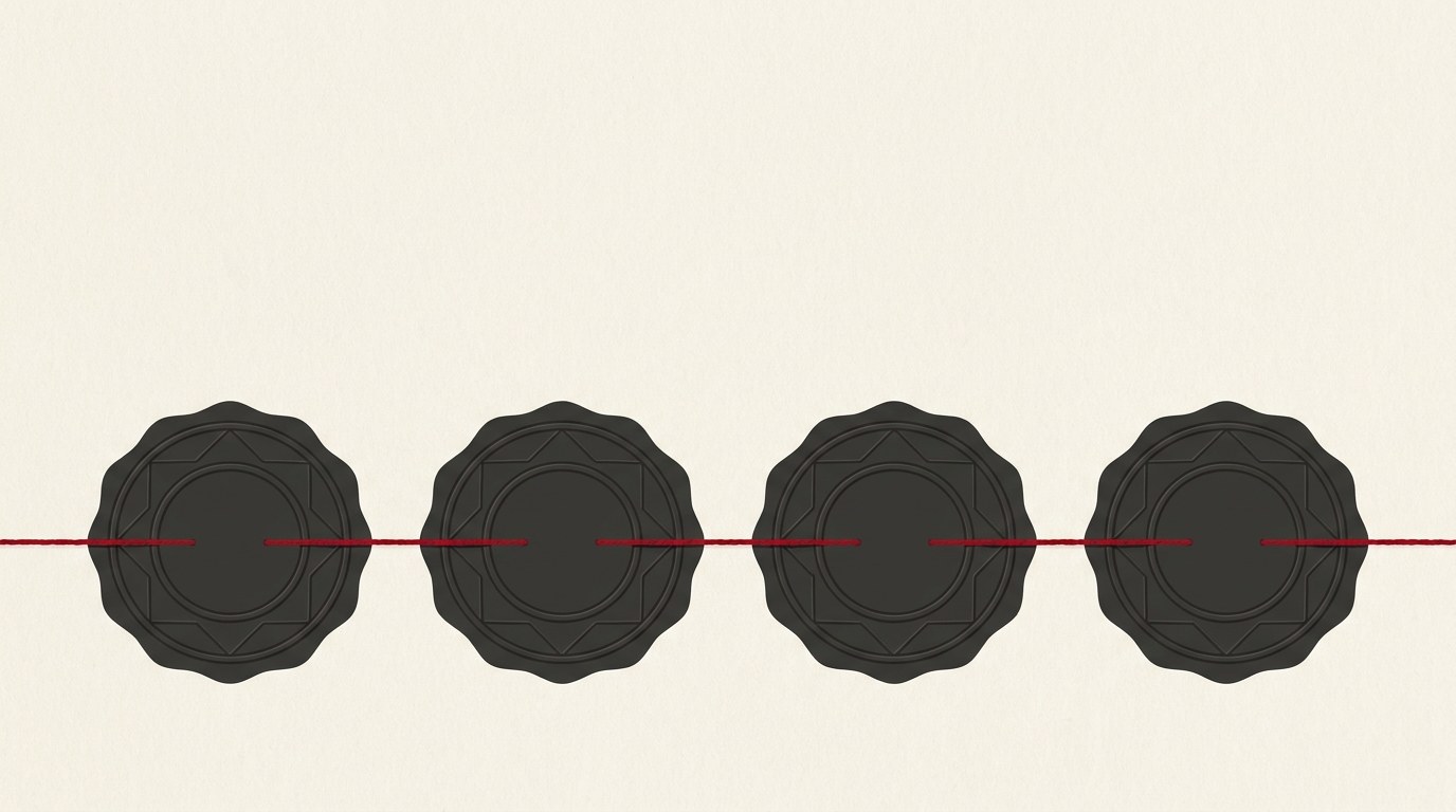Four small grey official seals lining up along a drawn legal baseline, one red thread stitching them together, wide cream space above