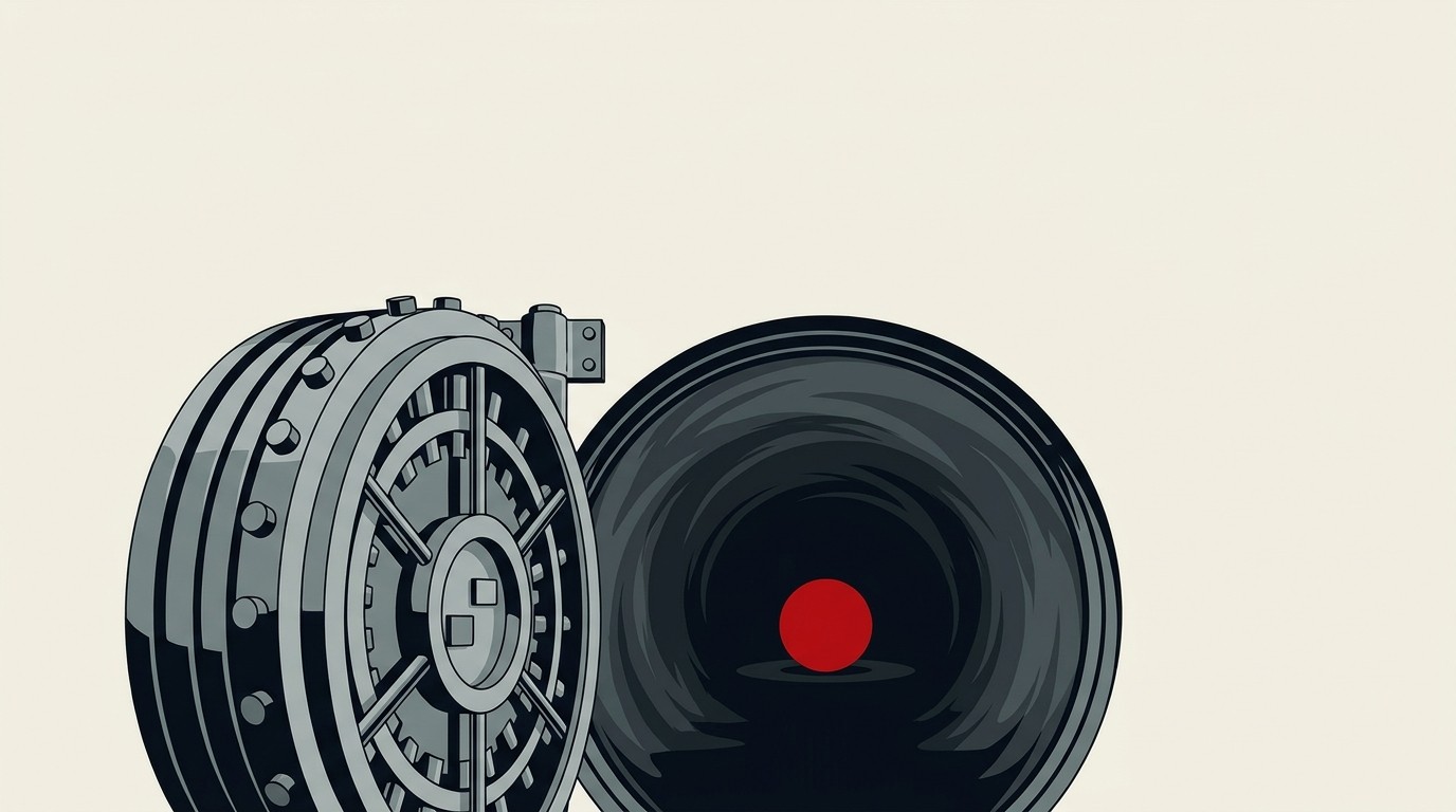 A large ornate bank vault door opening onto a single tiny coin resting on a vast cream floor