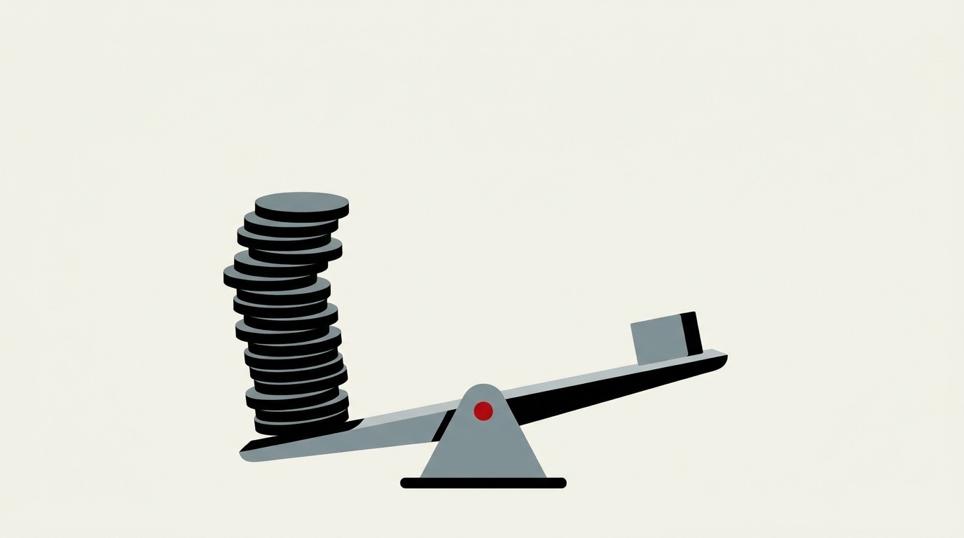 A single red arrow pivots away from a stack of cream coin-like disks toward a smaller cream square, open cream space above
