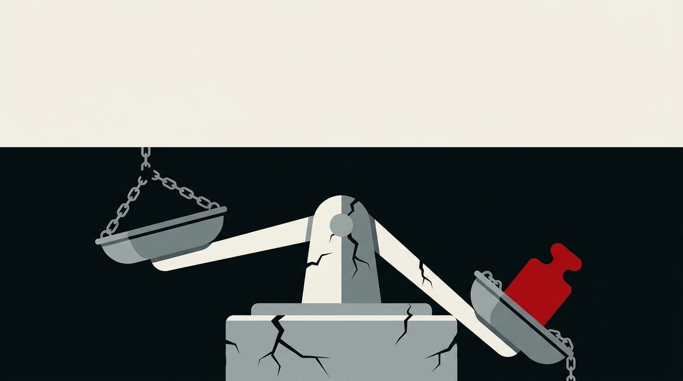 A single cracked scale tipping wildly, one side plunging into shadow, against a cream background