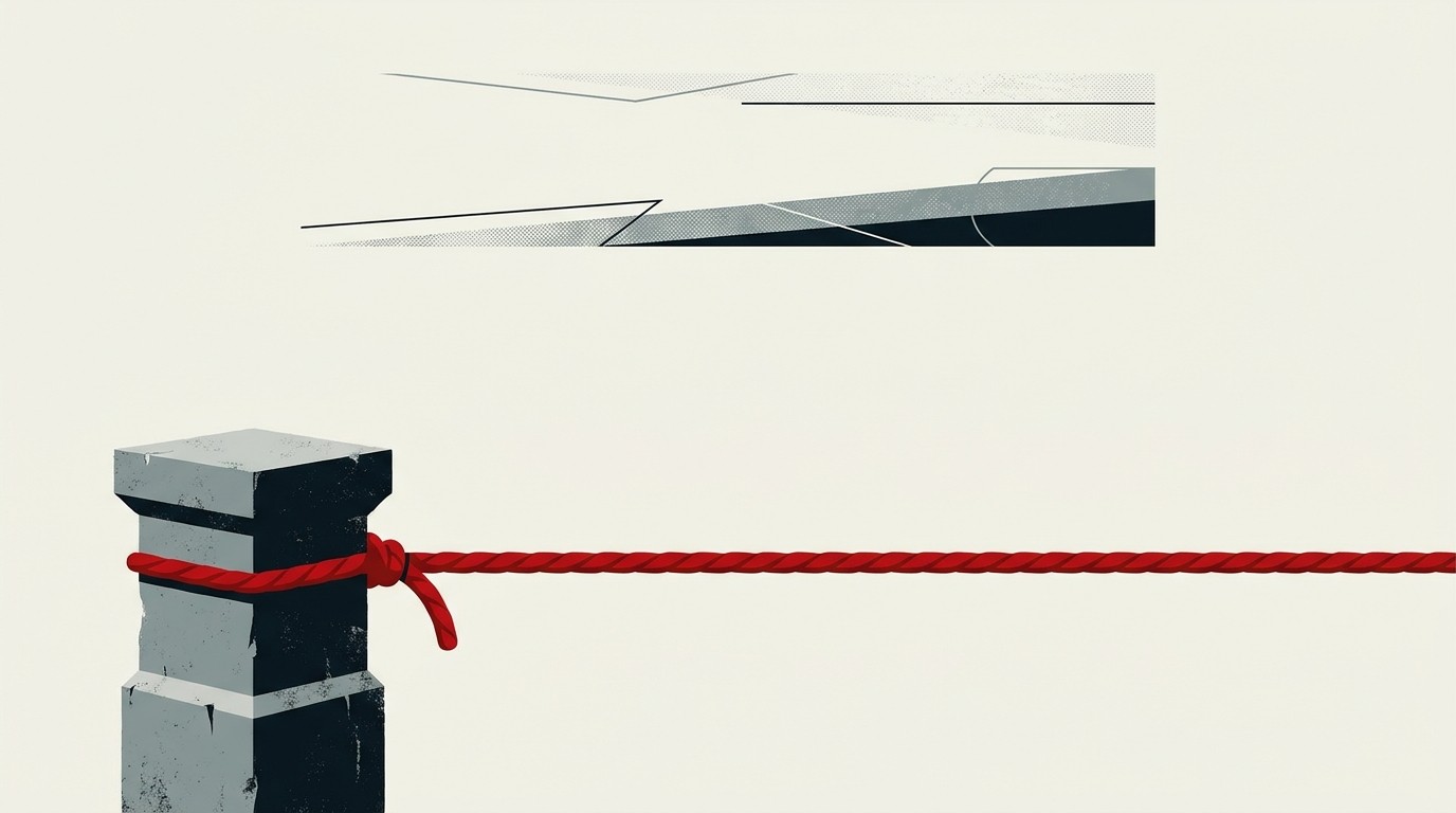A cream field with a red rope in a tug-of-war, one side anchored to a stone pillar, the other to a floating coin-shaped void