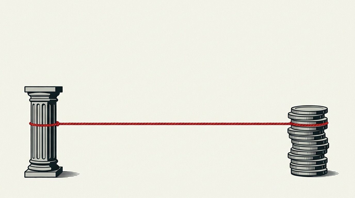 A cream field with a red tug-of-war rope stretched between a stone bank column and a thin digital coin stack, negative space above