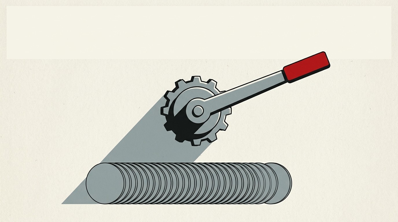 A large bank vault lever casting a shadow over a stack of thin coin-like discs, cream background, one red accent on the lever handle