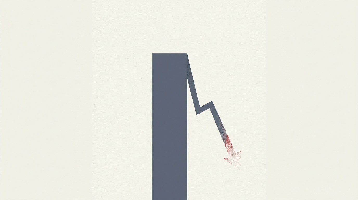 A single tall bar holding steady near its peak while a smaller red arrow bends away and fades into cream negative space
