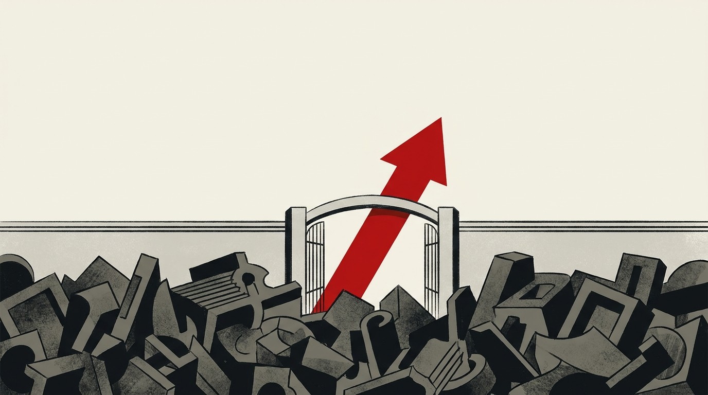 A single arrow flowing out of a walled enclosure toward open negative space, cream background, one red accent on the arrow