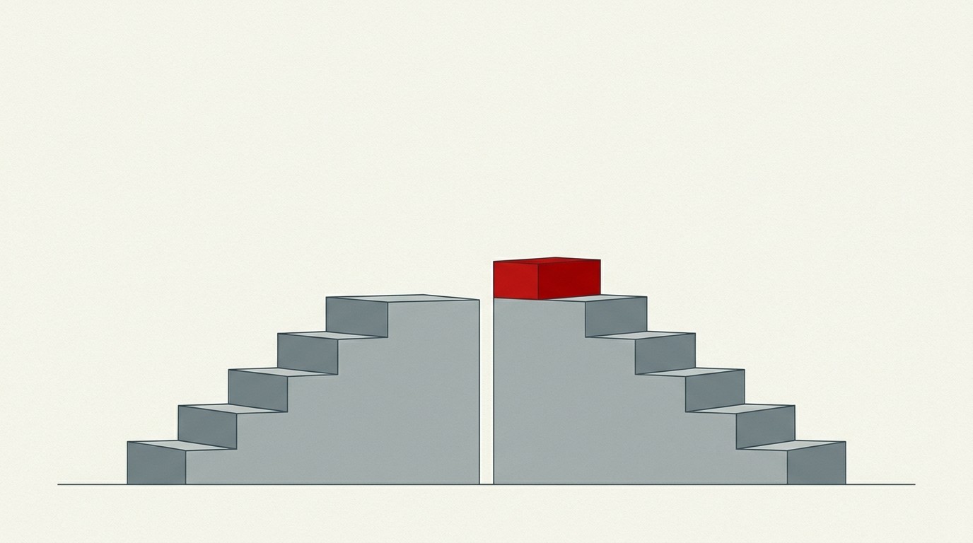 Two stacked blocks on a cream background, a red block edging ahead of a gray one on a rising staircase