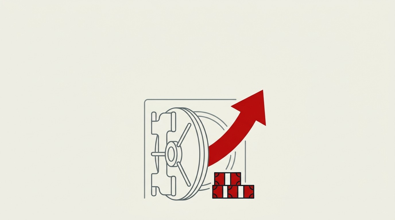 A single red arrow flowing out of a cream-colored vault shape while small red squares stack up beside it