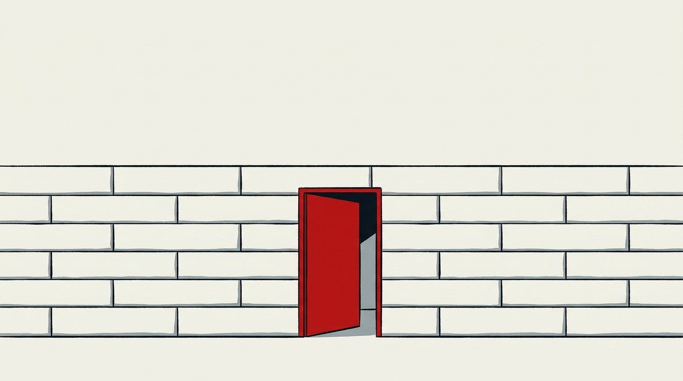 A single red door standing ajar in a tall cream wall, with no visible hinge or frame seam