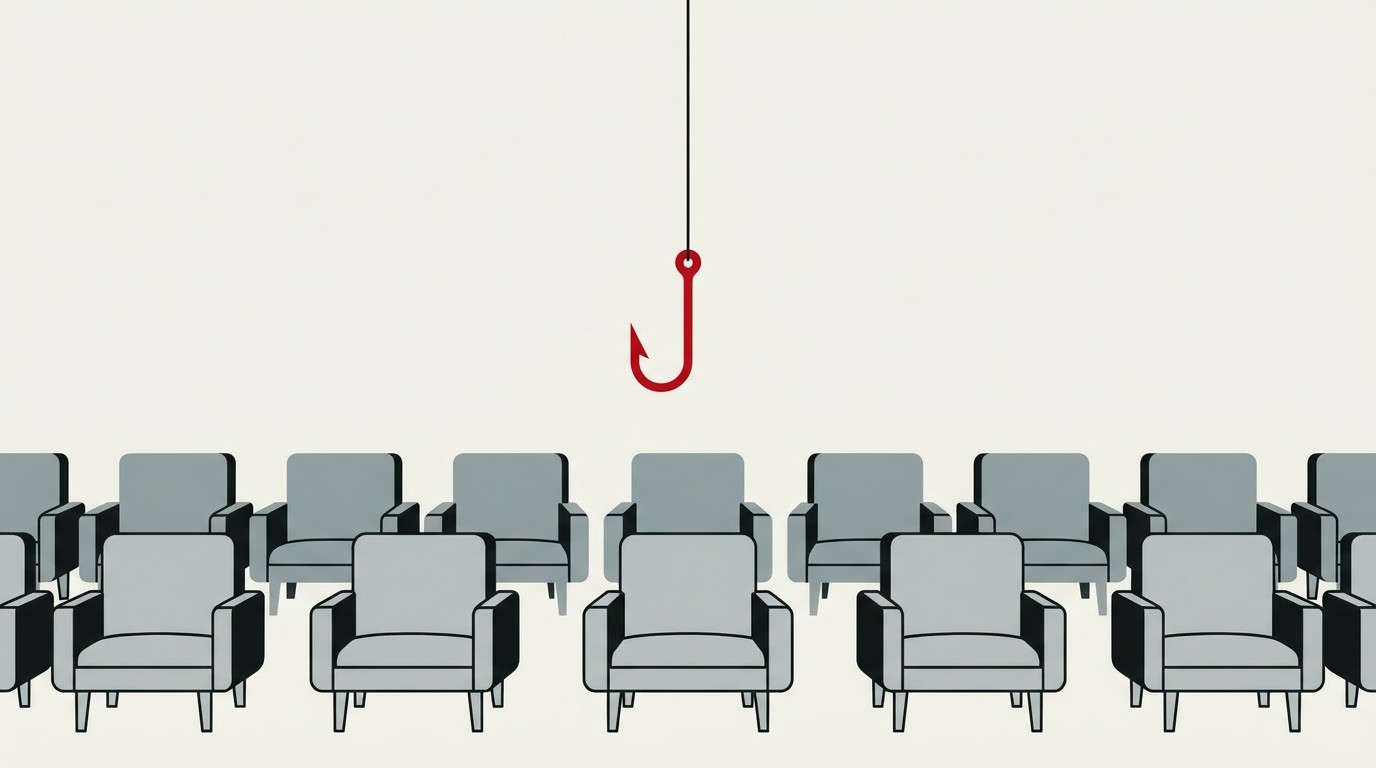 A single red fishhook dangling above a grid of identical cream-colored office chairs
