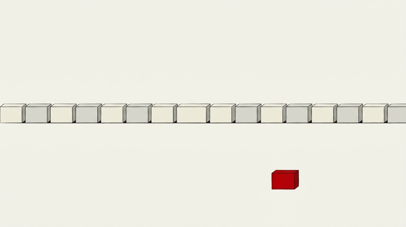 A single small red block sitting apart from a large uniform cream-colored block chain, unable to merge with the majority formation