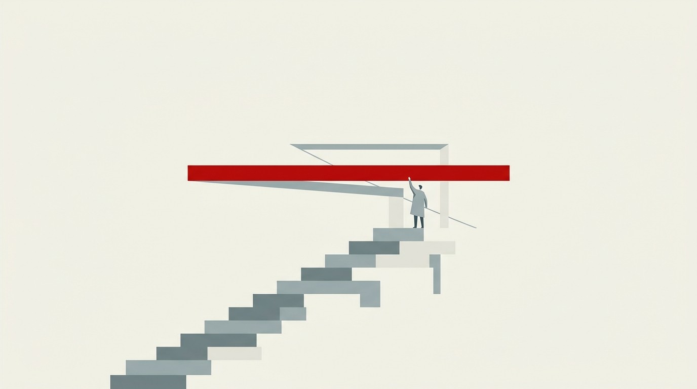 A rising staircase of cream blocks stopping just short of a solid red bar overhead