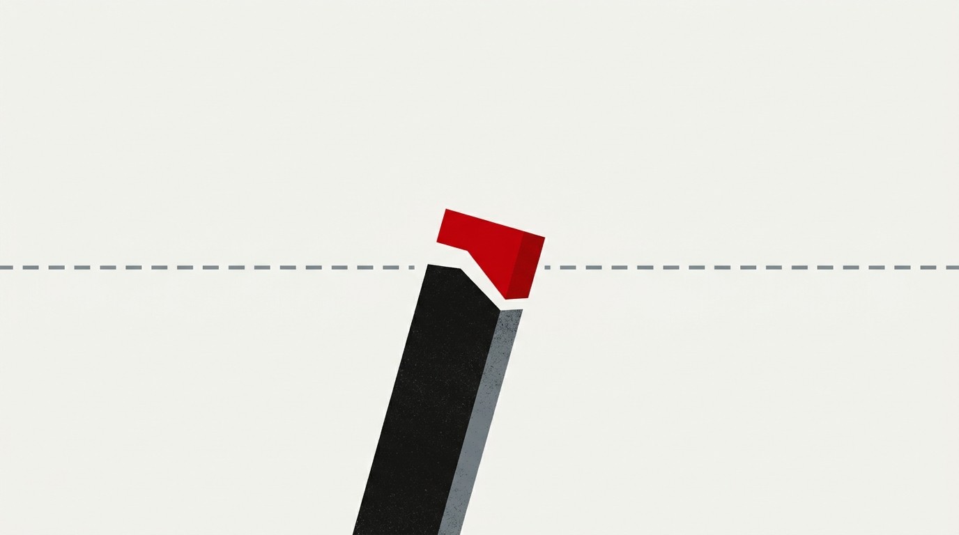 A single rising bar breaking through a horizontal line on a cream background, with a red arrow accent