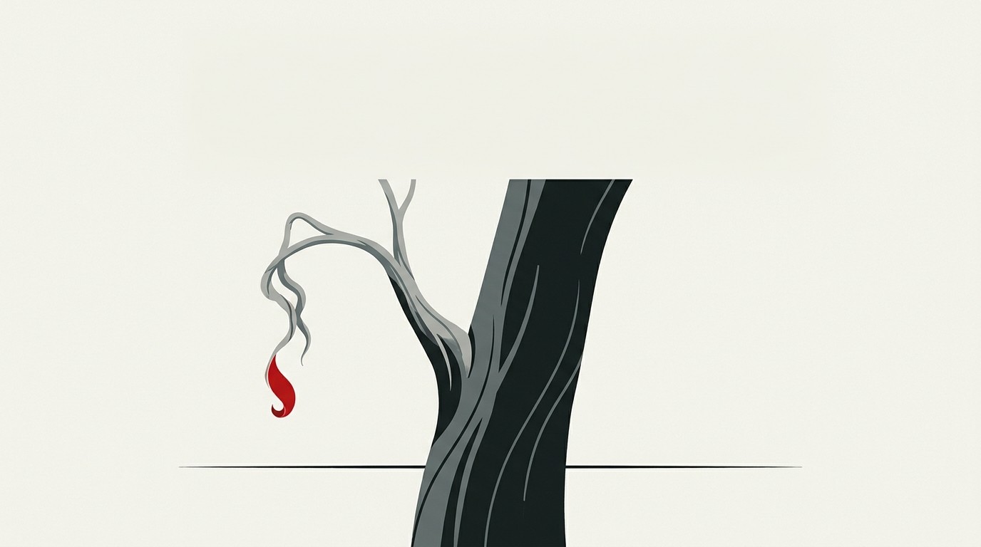A thin cracked branch splitting off a thick tree trunk, withering, on a cream background with one red accent