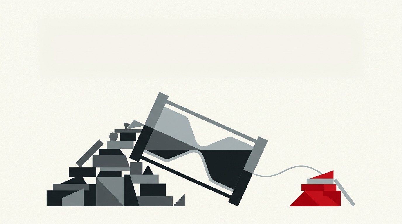 A single upward bar made of two mismatched halves, a tall thin rise and a thicker fall, on cream ground with one red accent at the base