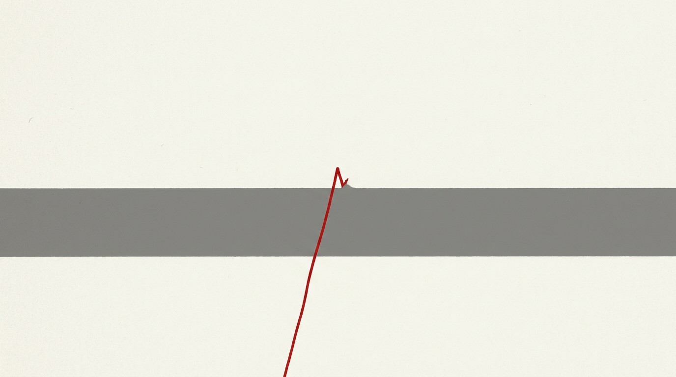 A single red line on a cream field crossing above a flat horizon, breaking the surface for the first time