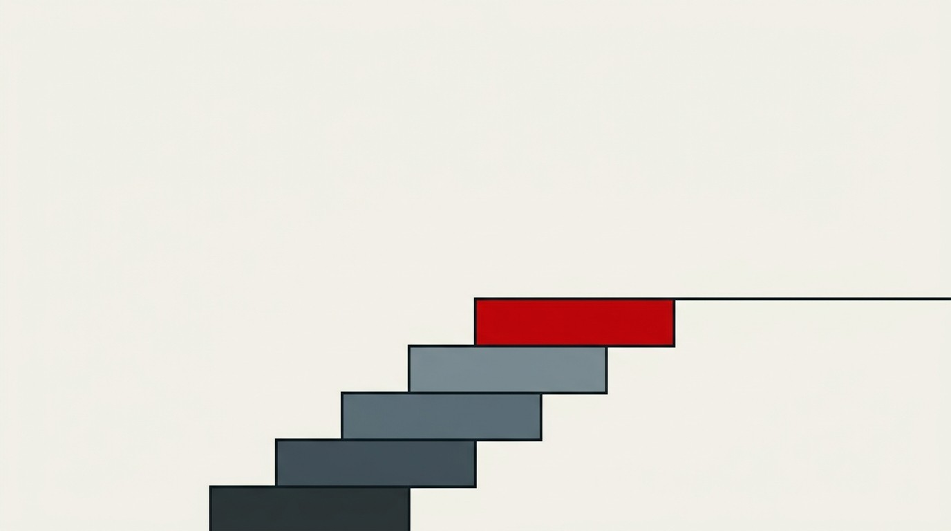 A single red arrow climbing a staircase of five cream steps against empty space