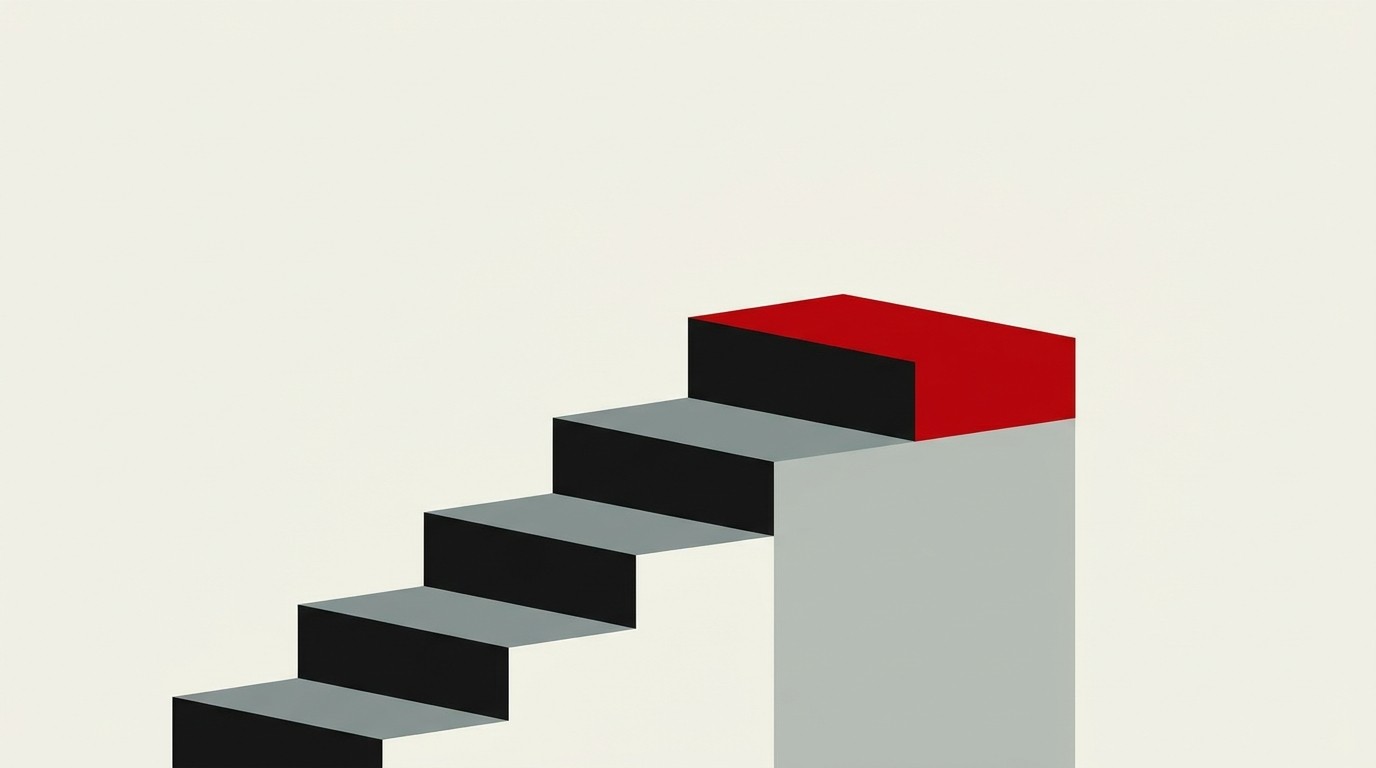 Five rising bars in cream tones with the tallest bar tipped in red, arranged like a staircase against negative space