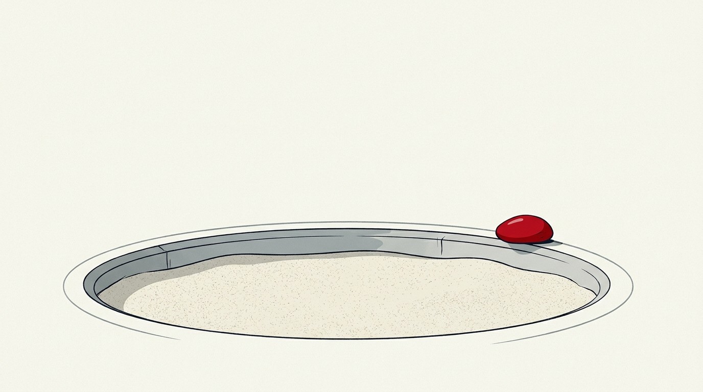 A deep red pit being filled by a thin cream stream, barely reaching the rim, one red drop still falling