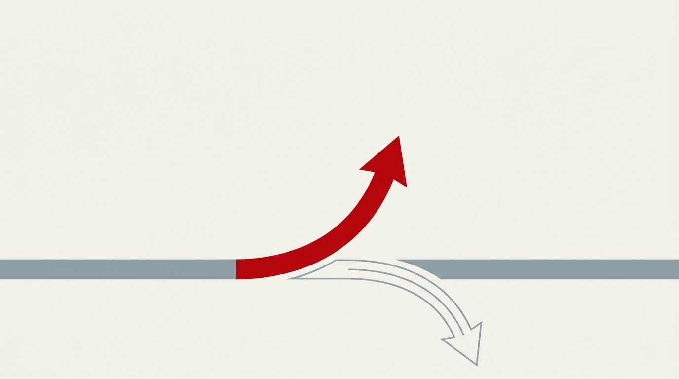 Two arrows on a cream background, one turning upward in red while the other bends downward in outline, set against empty space above