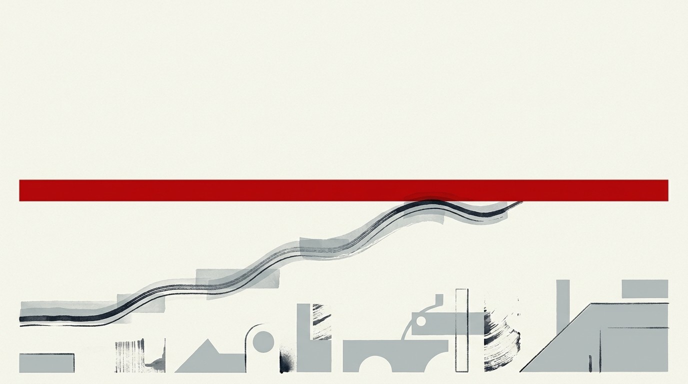 A thin upward line on cream ground trying to climb past a red ceiling bar, negative space above