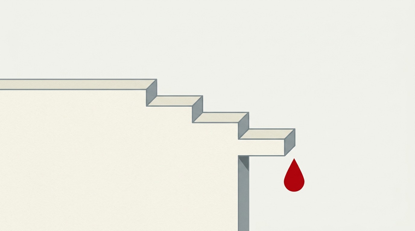 A single red arrow bending downward away from a stack of cream-colored coin-like discs, wide negative space above