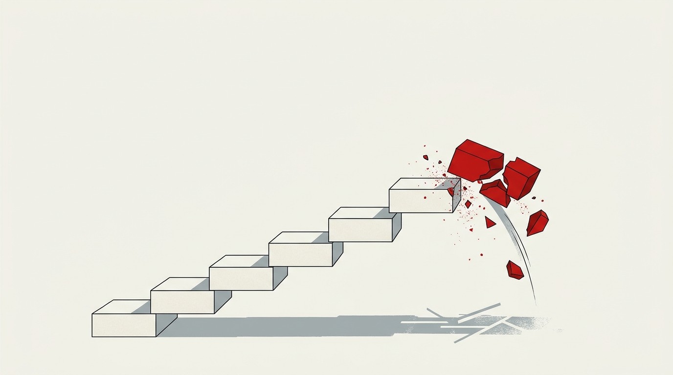 A single red arrow breaking a row of seven cream-colored ascending blocks, cream background, negative space above