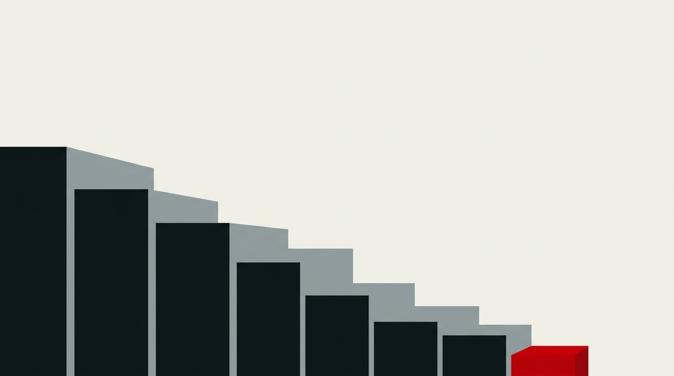 A bar chart of descending steps rendered as a staircase, cream background, one red step at the bottom