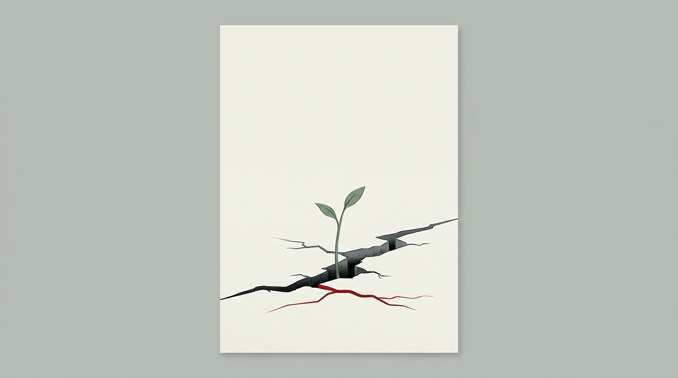 A thin green sprout pushing through a cracked cream surface, one red crack running beneath it