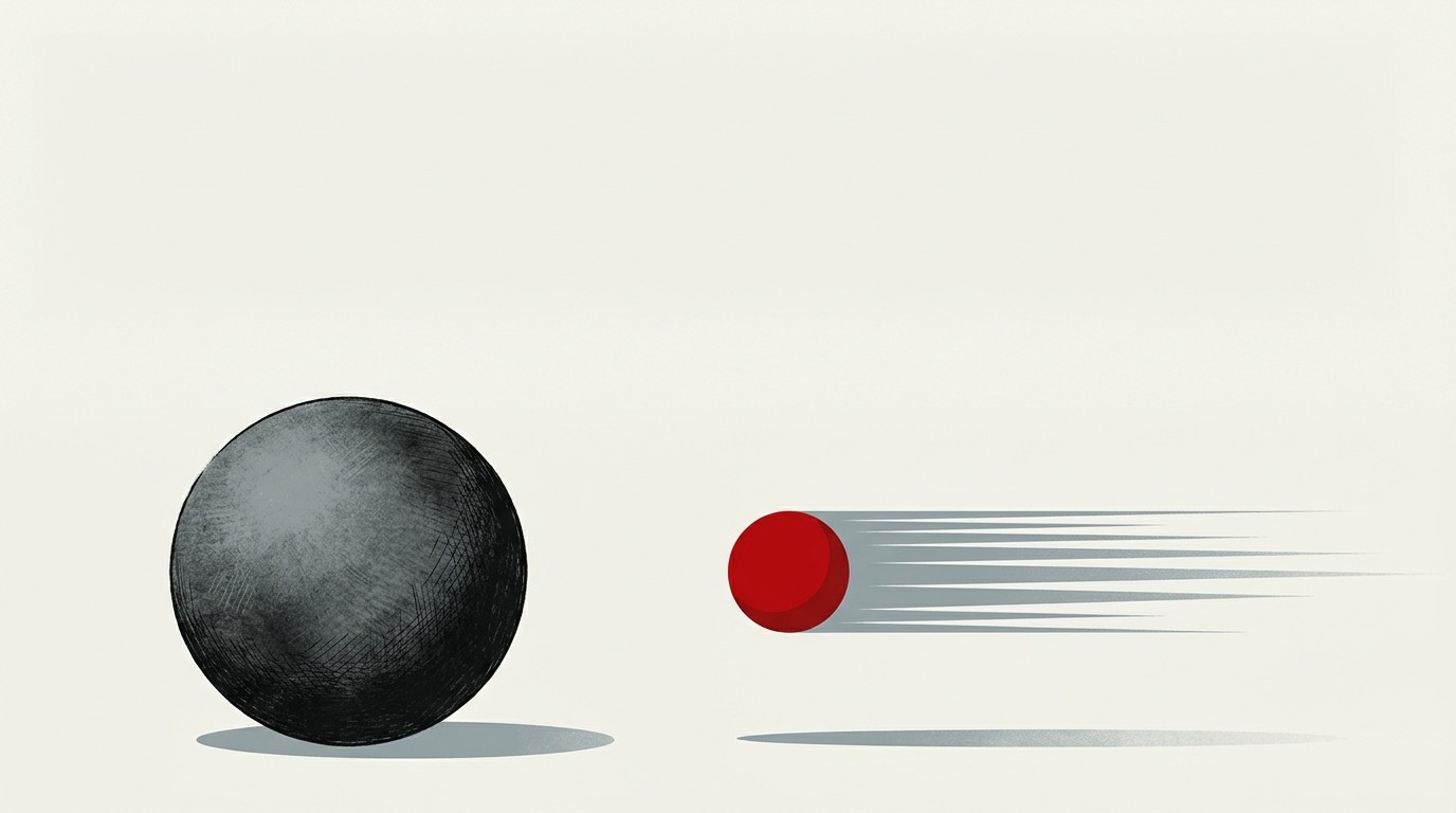 A large slow-moving orange sphere beside a smaller fast-moving red sphere trailing motion lines, on a cream background