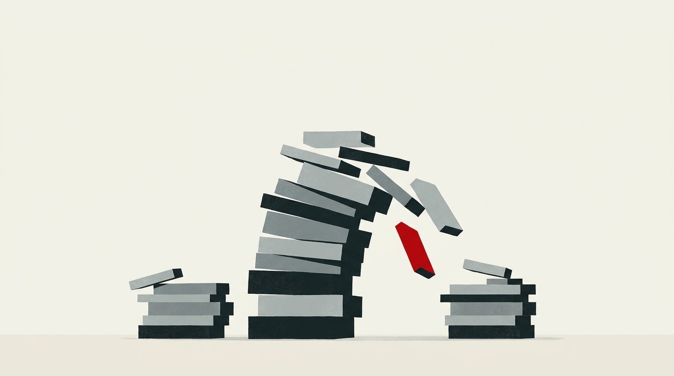 A stack of coin-like discs tipping over as smaller stacks beside it rise, on a cream background with one red disc mid-fall