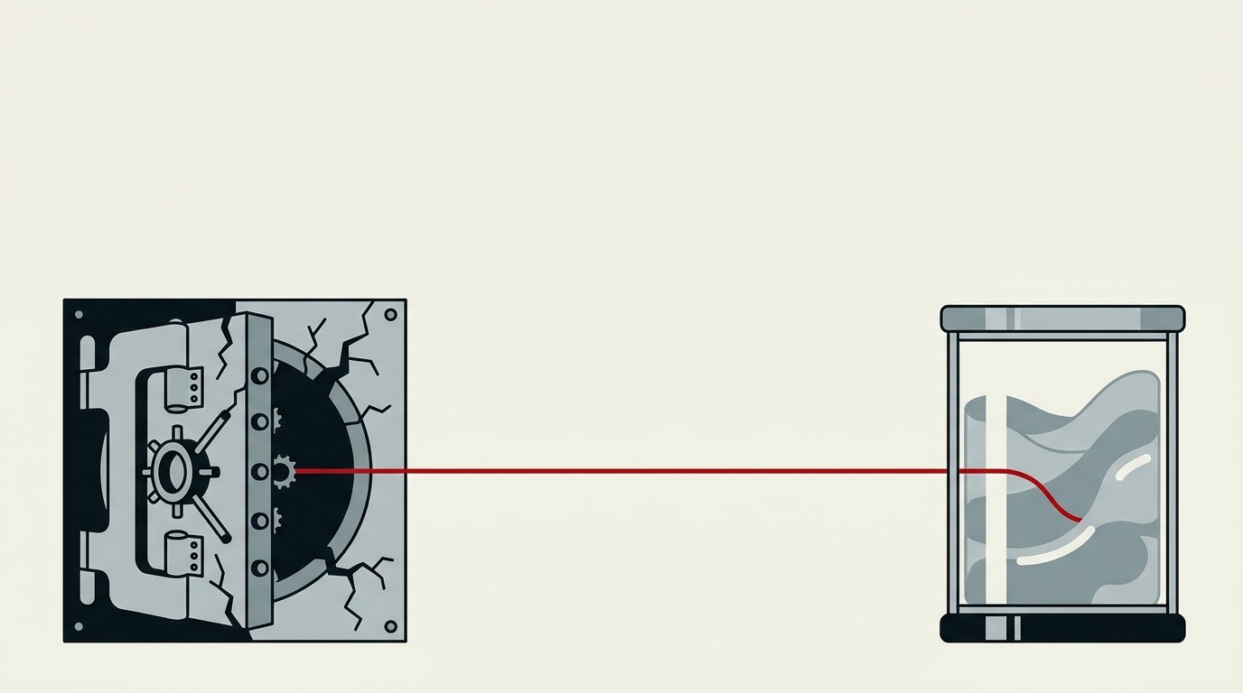 A cracked vault door on the left standing open, with coins flowing right into a sealed glass box, cream background, single red accent line