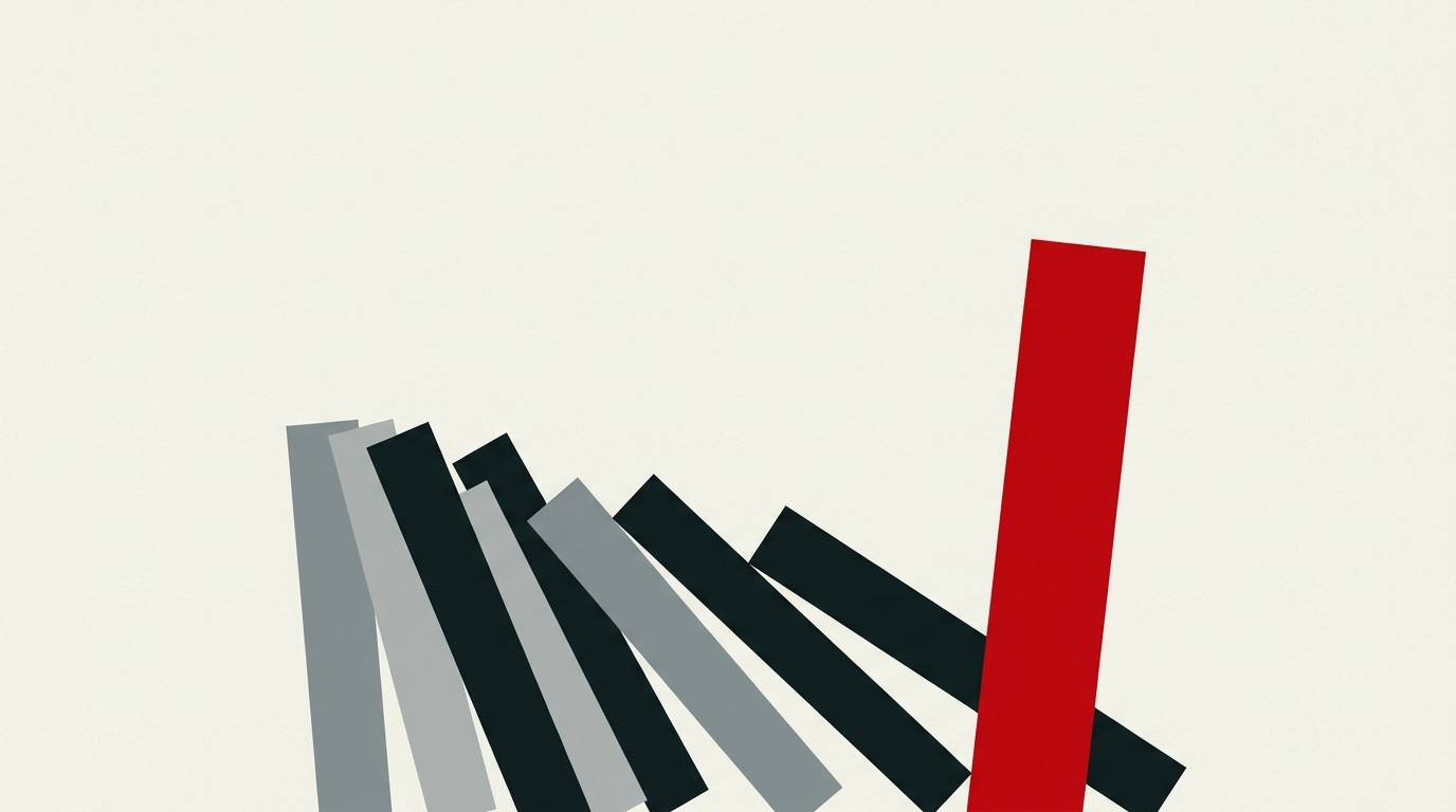 A single tall red bar rising above a row of flat cream bars, set against negative space