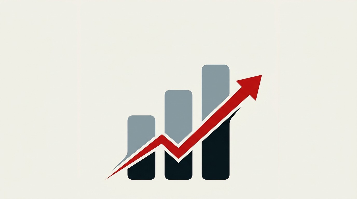 Three ascending bars in cream tones with a single red arrow rising above them against negative space