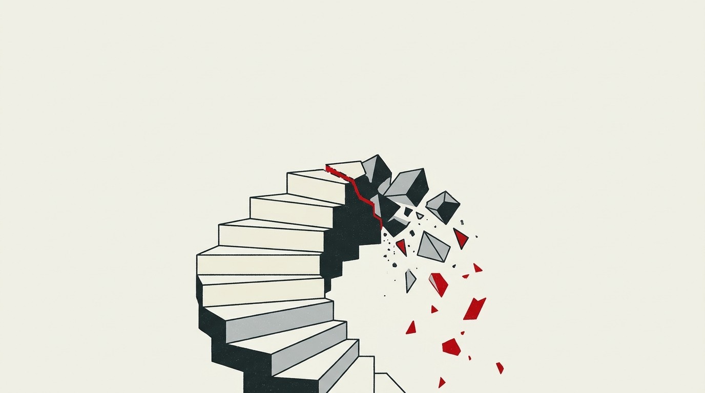 A tall stack of cream blocks with the top third collapsing into red fragments below a wide empty sky