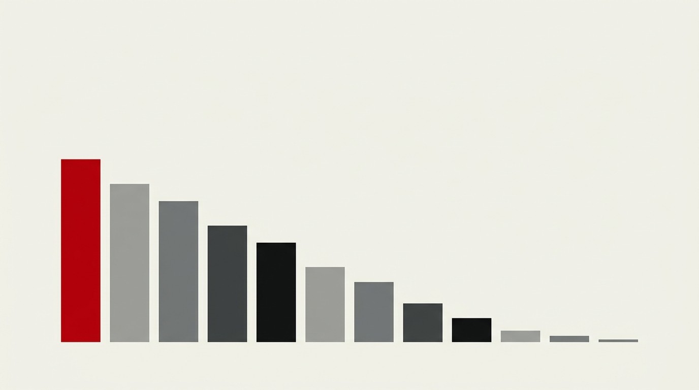 A single tall bar chart column shrinking step by step into smaller bars, cream background, one red accent on the tallest bar