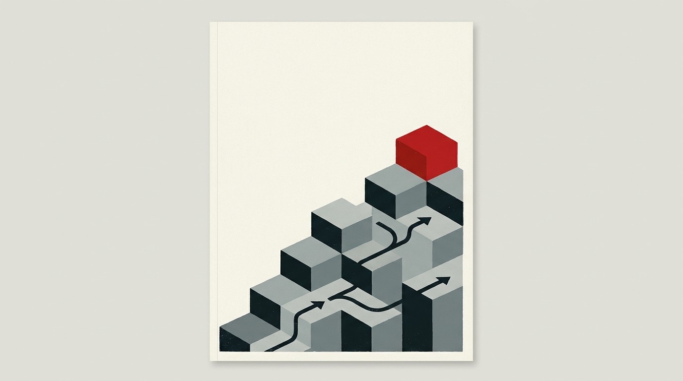 A single red arrow rising through a stack of cream-colored horizontal bars against negative space