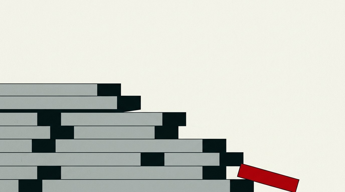 A single red arrow descending through a stack of cream-colored rectangular blocks, negative space above