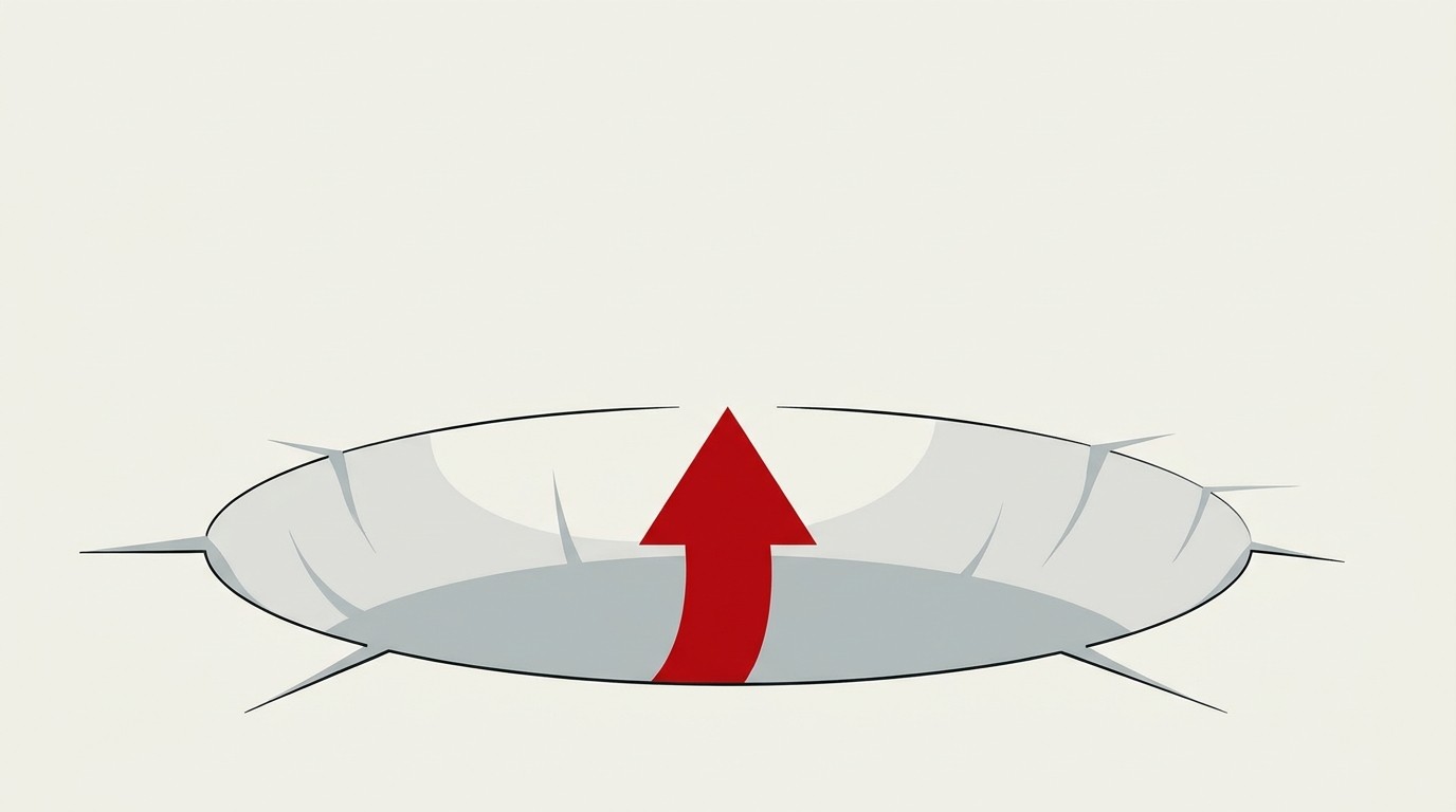 A cream field with a red arrow climbing partway up a deep crater, not reaching the rim it fell from