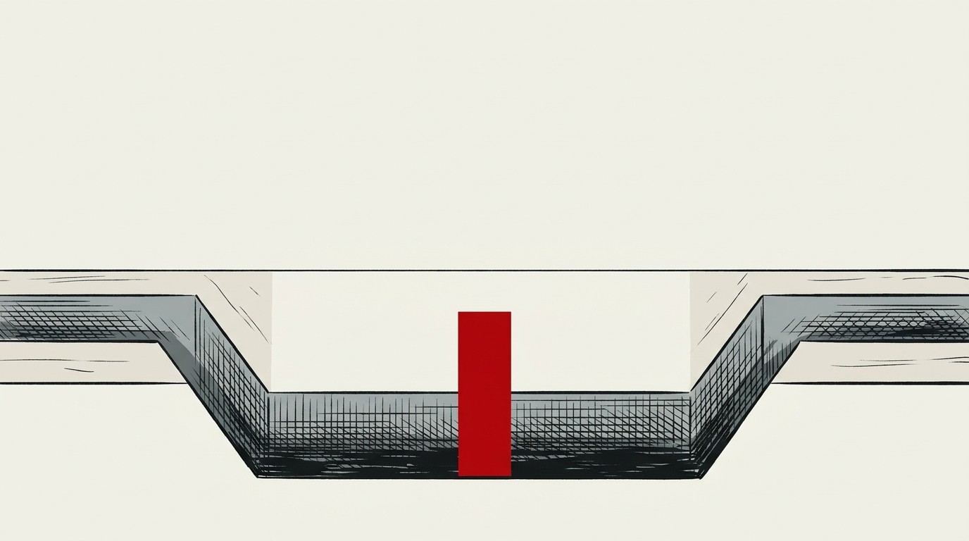 A cream field with a single red bar climbing out of a shallow trench, negative space above