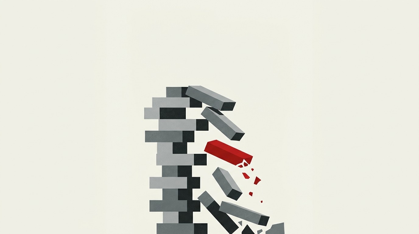 A single tall bar of cream blocks toppling in sequence, one red block mid-fall