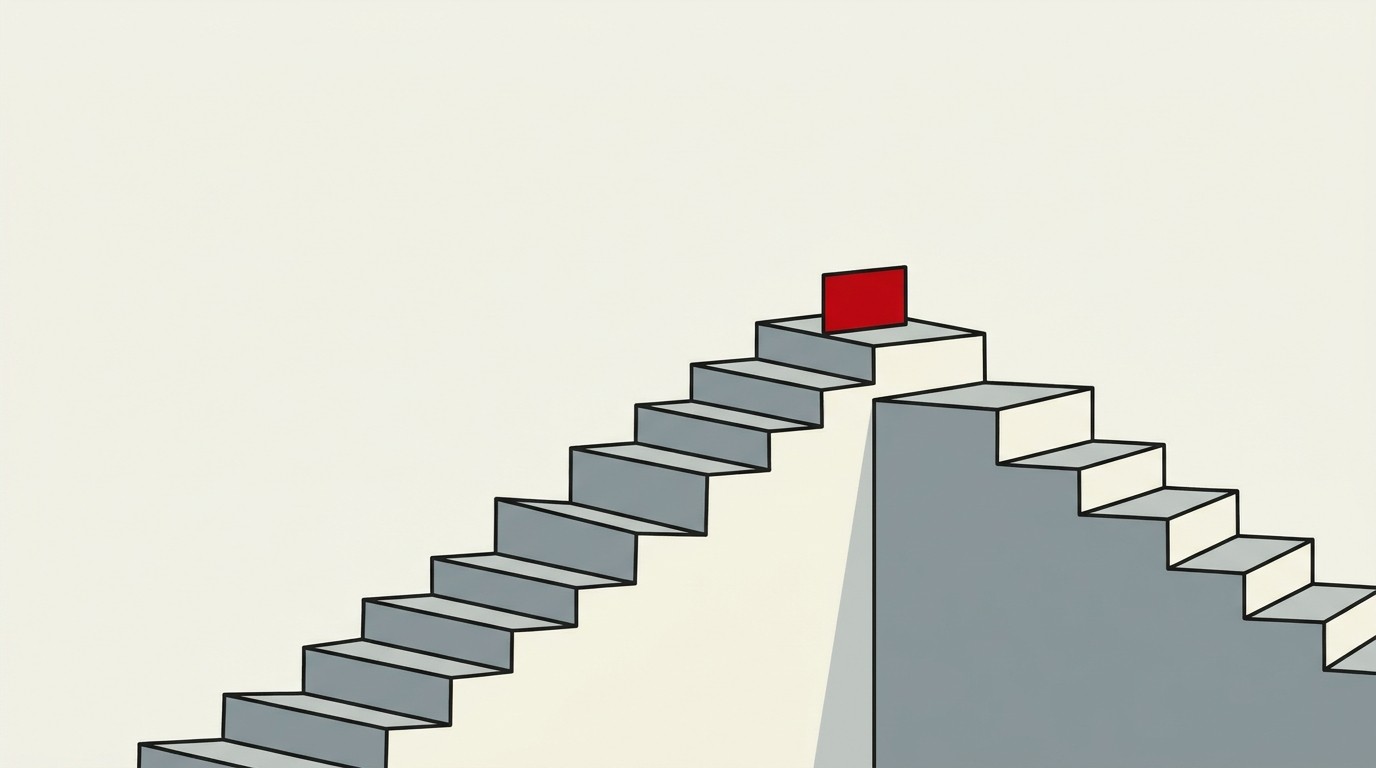 A rising bar chart made of cream blocks losing height toward the right, with one red block at the peak