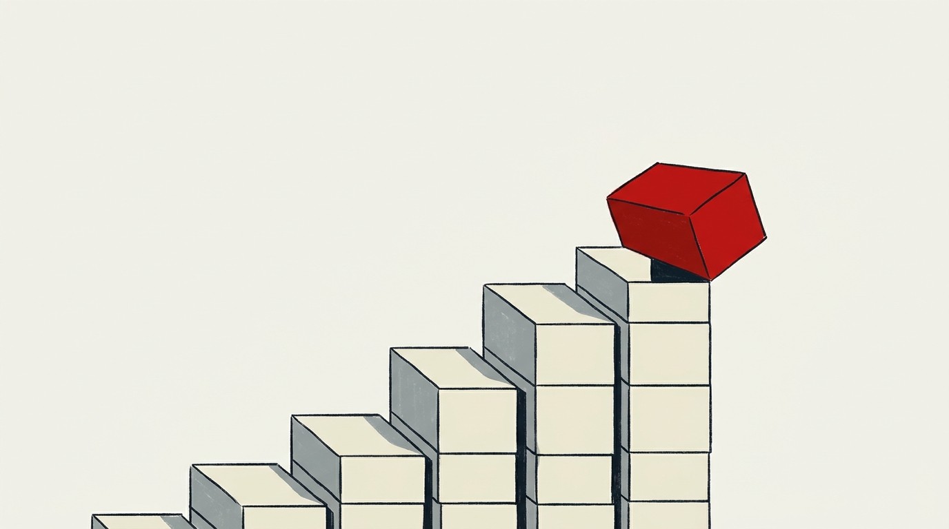 A single upward staircase of blocks breaking mid-step, one red block tipping backward off the edge