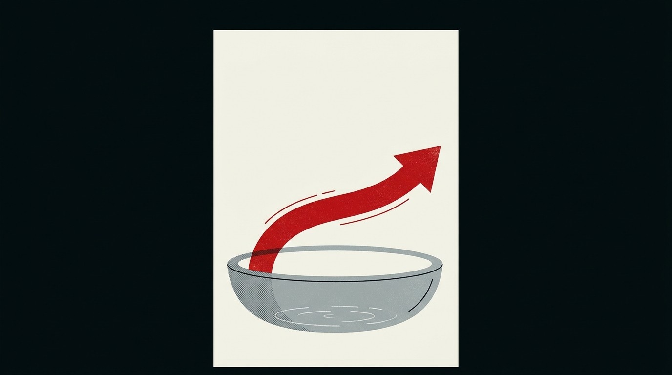 A single red arrow rising steeply out of a shallow cream basin, dwarfed by empty negative space above