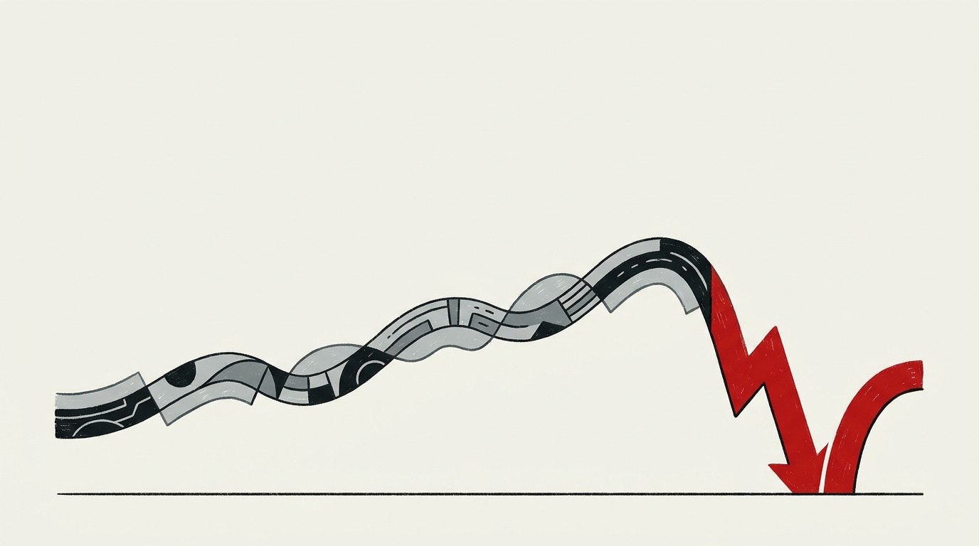 A thin cream arrow barely staying above a horizontal line after a sharp red dip pulls it down late