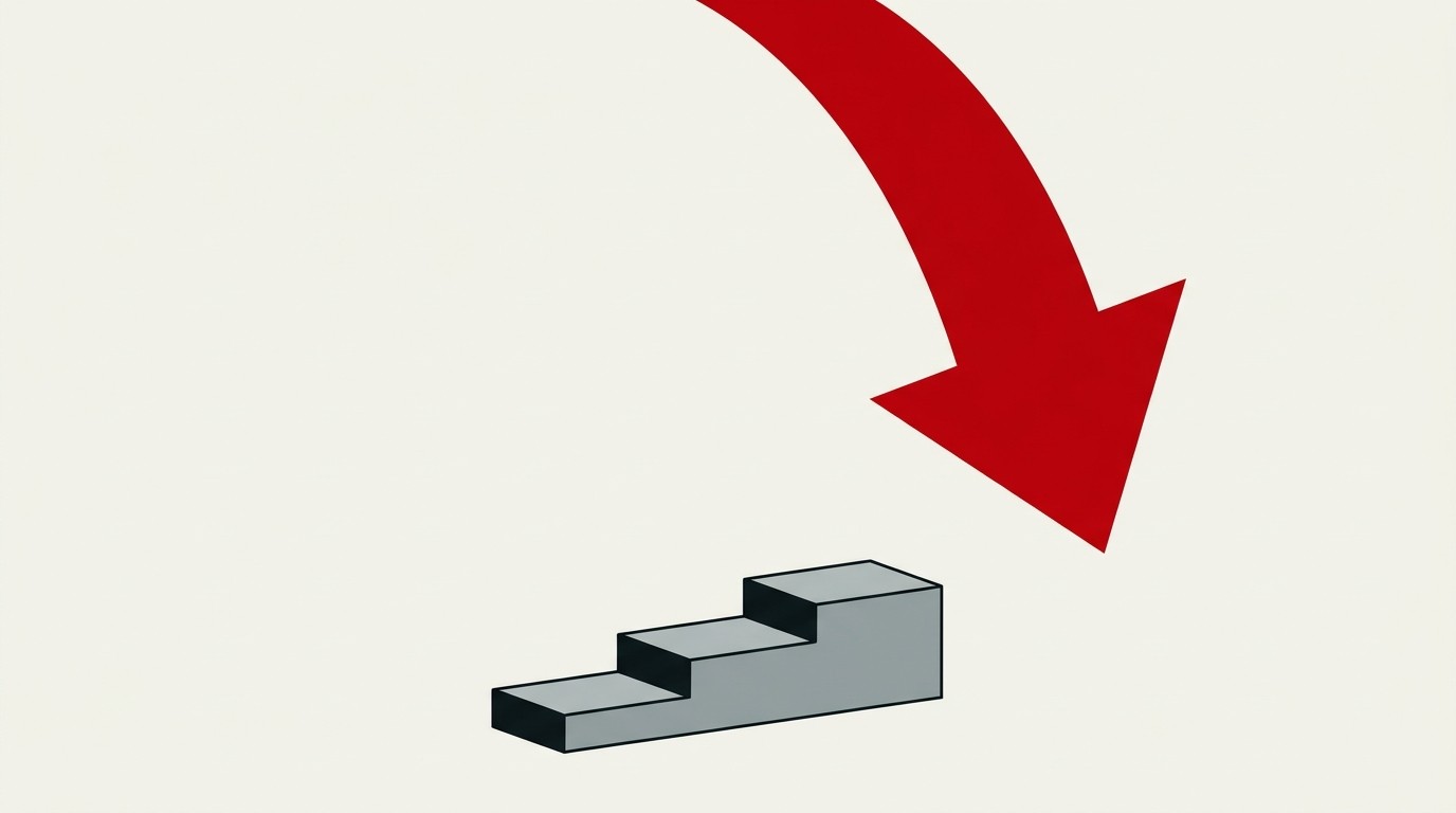A small upward staircase of three cream blocks climbing toward a much taller red column falling backward off the edge of the frame