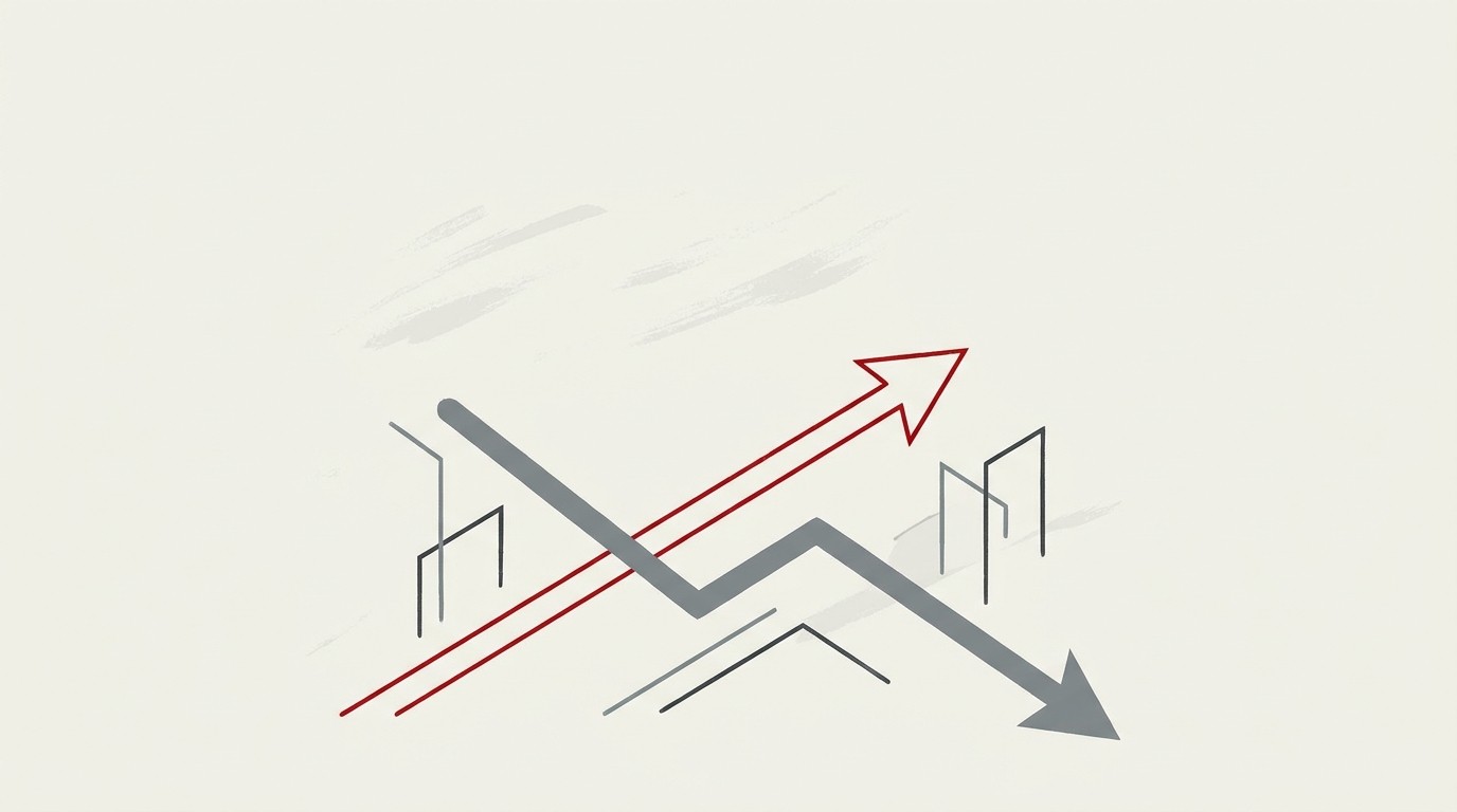 Two abstract columns on cream ground, one rising thin red line, one falling thin grey line, both reaching toward empty space above