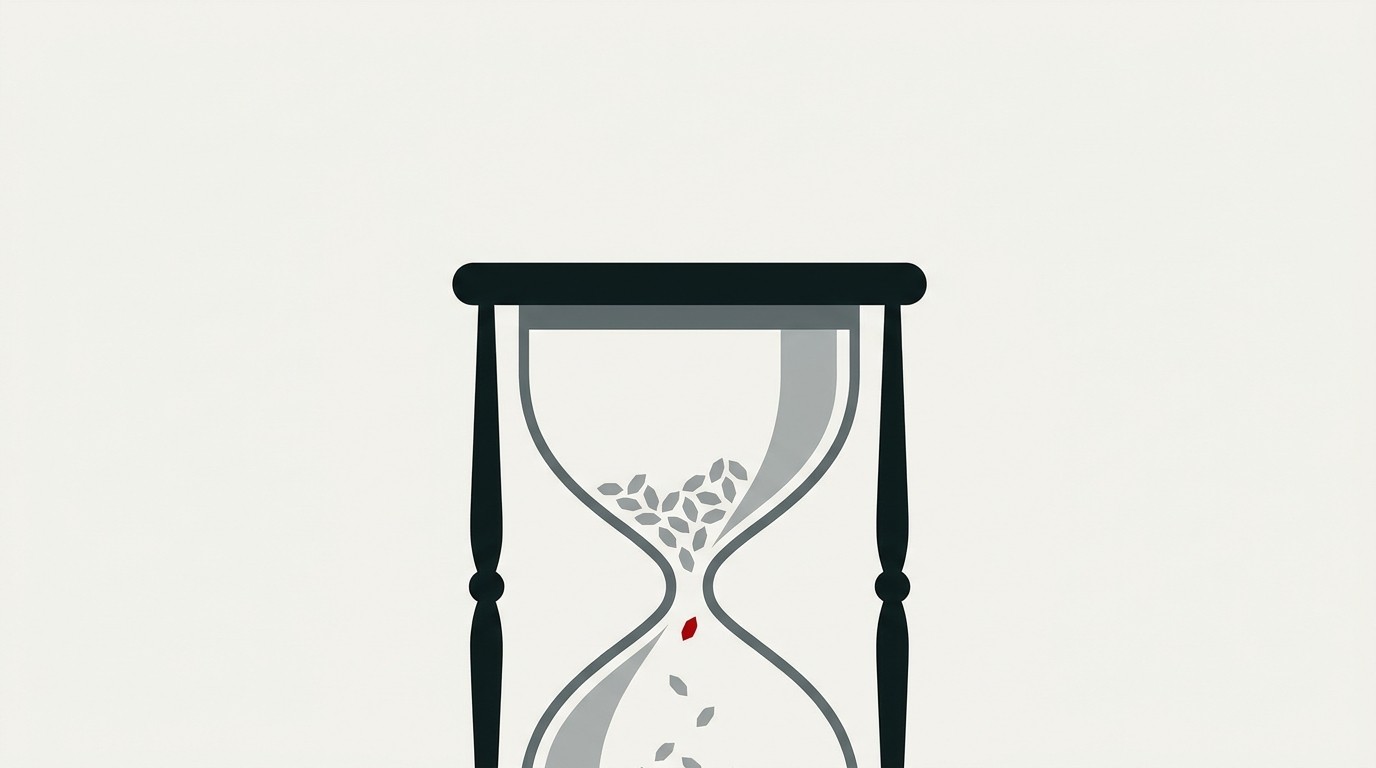 A single thin stream of sand trickling into an hourglass base that's mostly empty, cream background, one red grain highlighted
